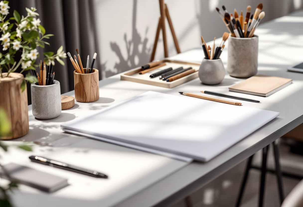 [background image] image of art supplies on a desk (for a graphic design studio)